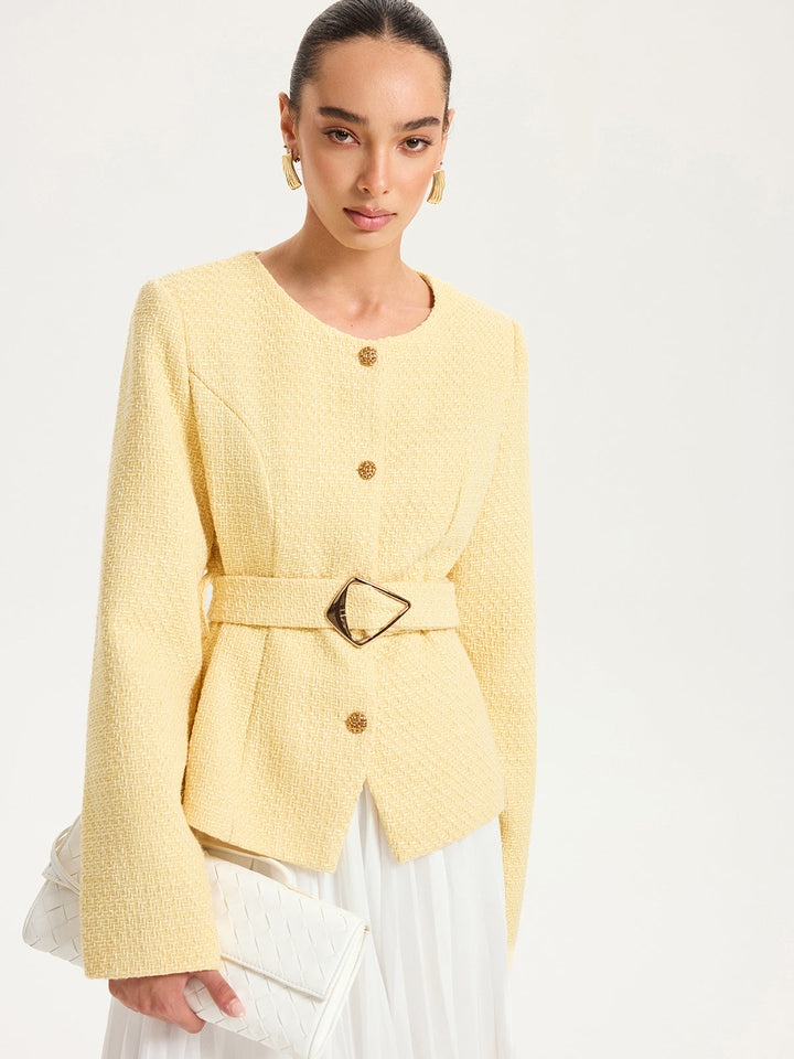Düğme Detaylı Kemerli Tweed Ceket Sarı Regular Fit Detay Görünüm - SvelteChic