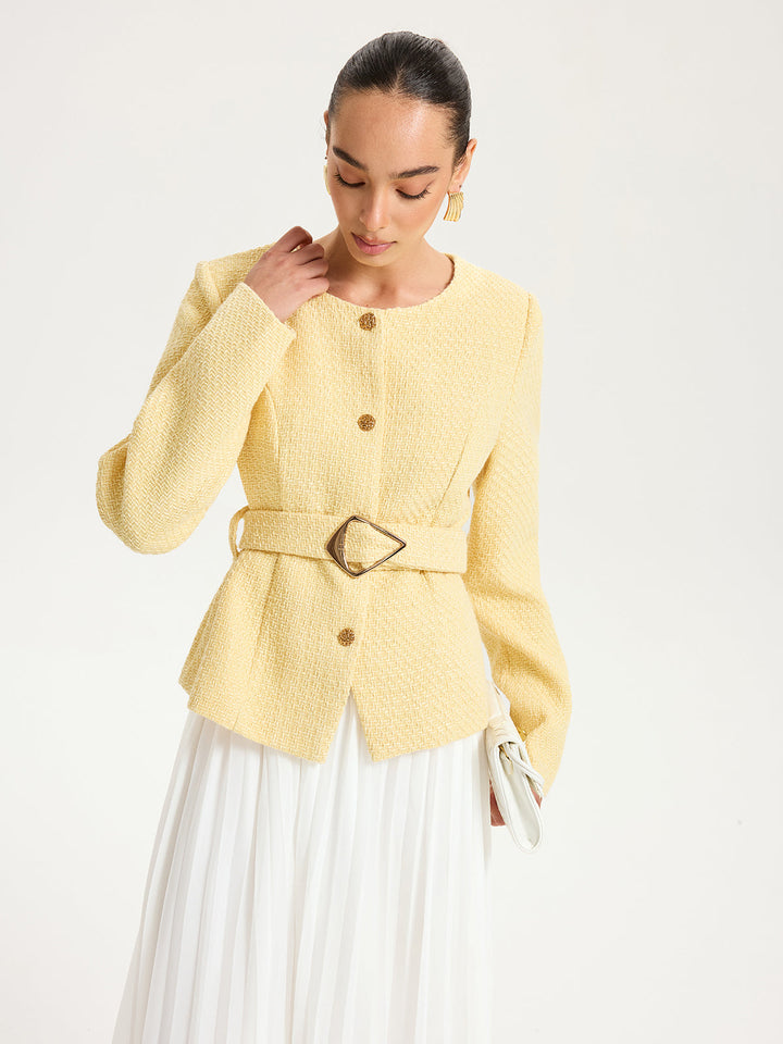 Düğme Detaylı Kemerli Tweed Ceket Sarı Regular Fit Kombin - SvelteChic