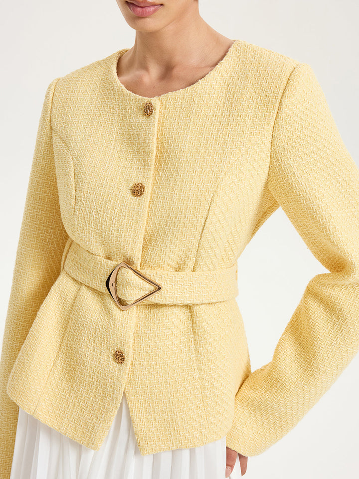 Düğme Detaylı Kemerli Tweed Ceket Sarı Regular Fit Görsel 4 - SvelteChic