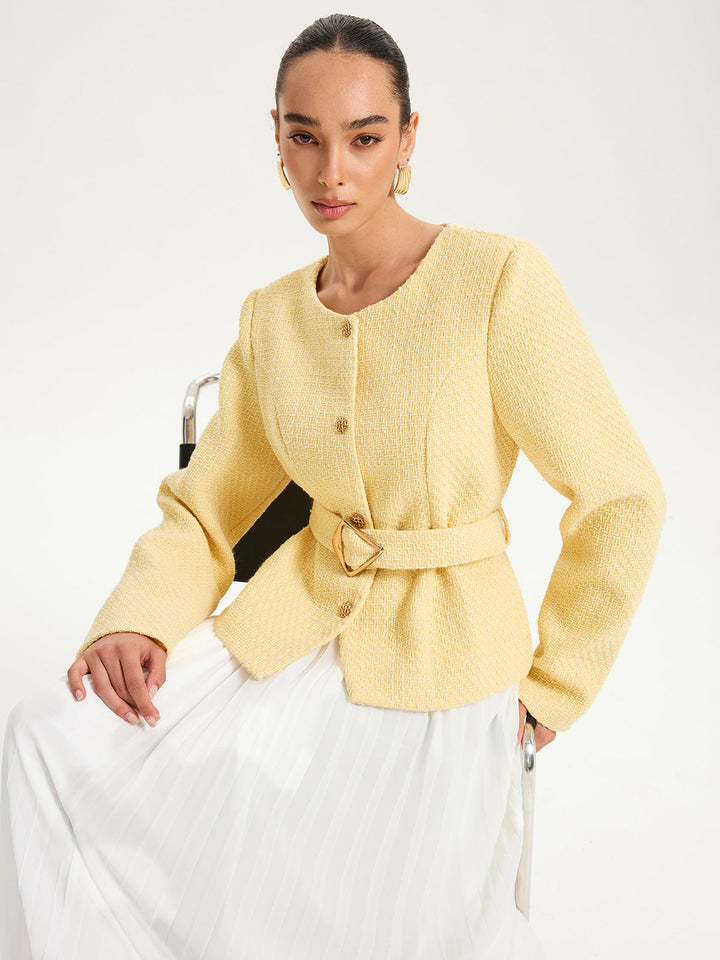 Düğme Detaylı Kemerli Tweed Ceket Sarı Regular Fit Görsel 5 - SvelteChic