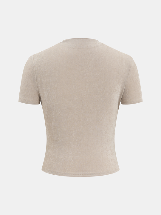 Asimetrik Büzgülü Kısa Kollu Üst Bej Tek Omuz Detay Görünüm - SvelteChic