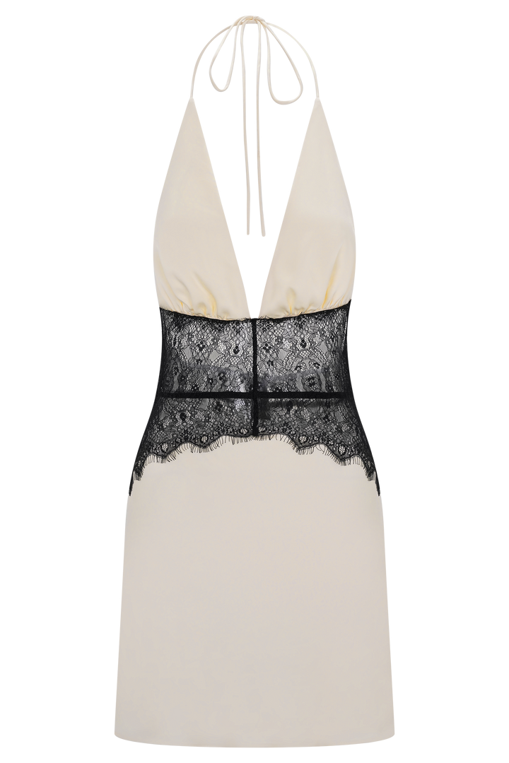 Dinah Siyah Krem Dantelli Saten Mini Elbise