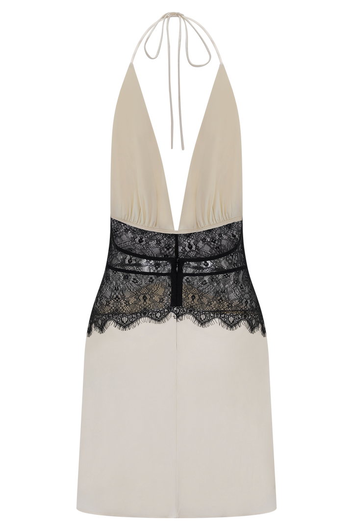 Dinah Siyah Krem Dantelli Saten Mini Elbise