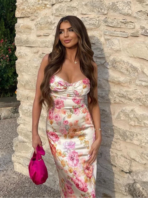 Amelia Çiçekli Maxi Elbise Pembe Yüksek Bel Görsel 6 - SvelteChic