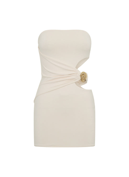 İkonik Cutout Mini Elbise - Krem - Krem detay