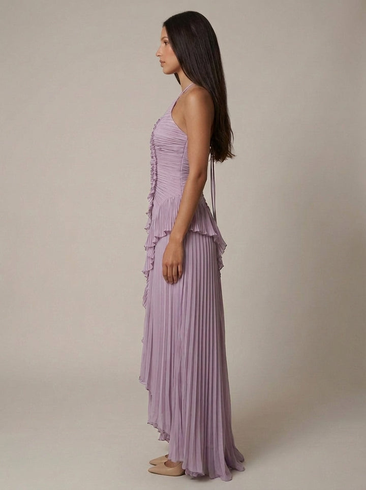 Halter Yaka Maxi Elbise Mor Pileli Detaylı Görsel 14 - SvelteChic