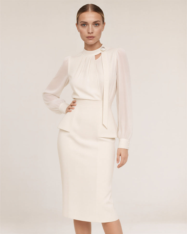 Beatrice şifon kollu peplum midi elbise, bej, önden, eller belde