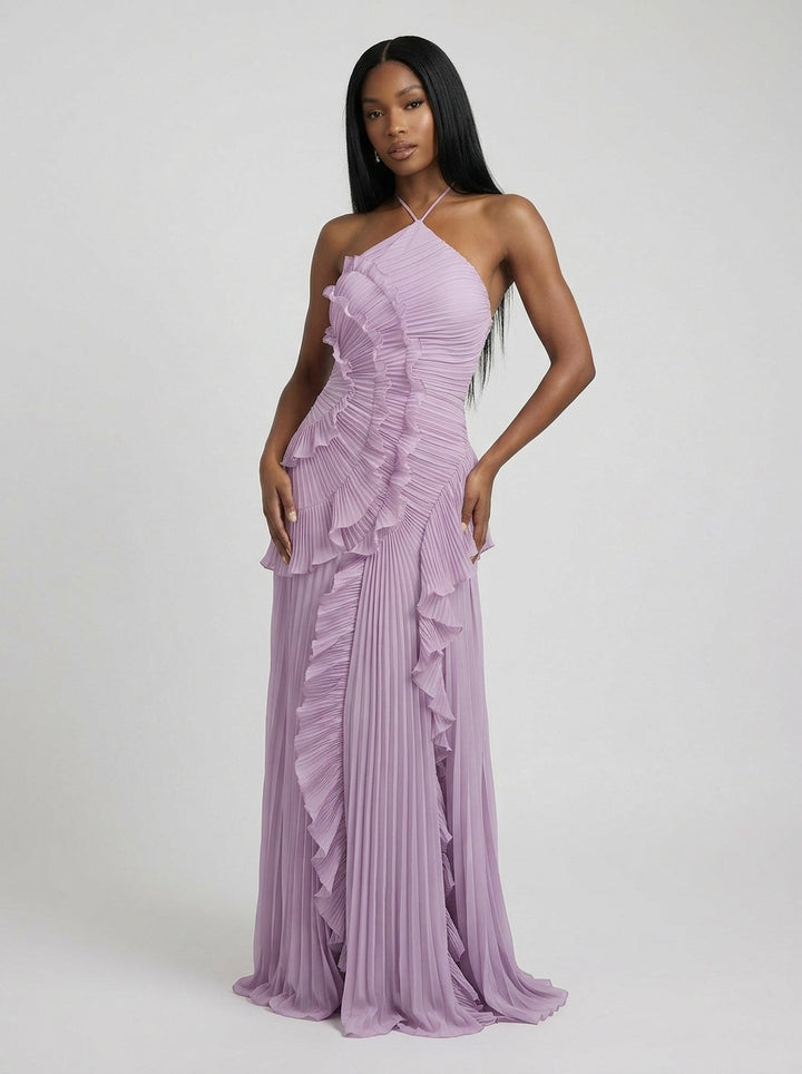 Halter Yaka Maxi Elbise Mor Pileli Detaylı Kombin - SvelteChic