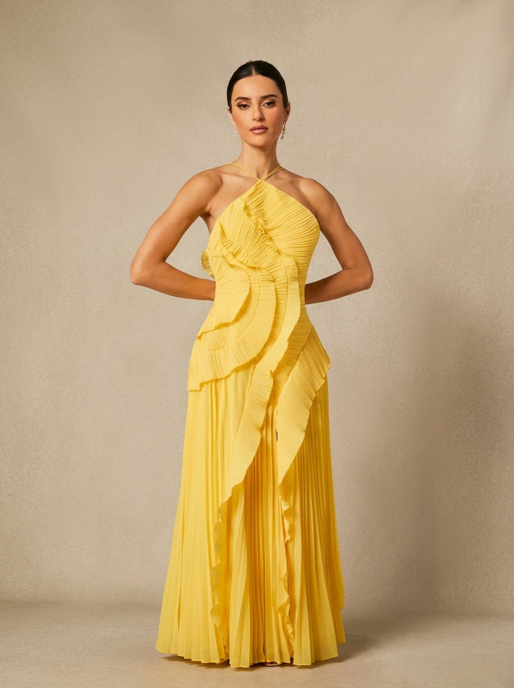 Halter Yaka Maxi Elbise Mor Pileli Detaylı Görsel 19 - SvelteChic