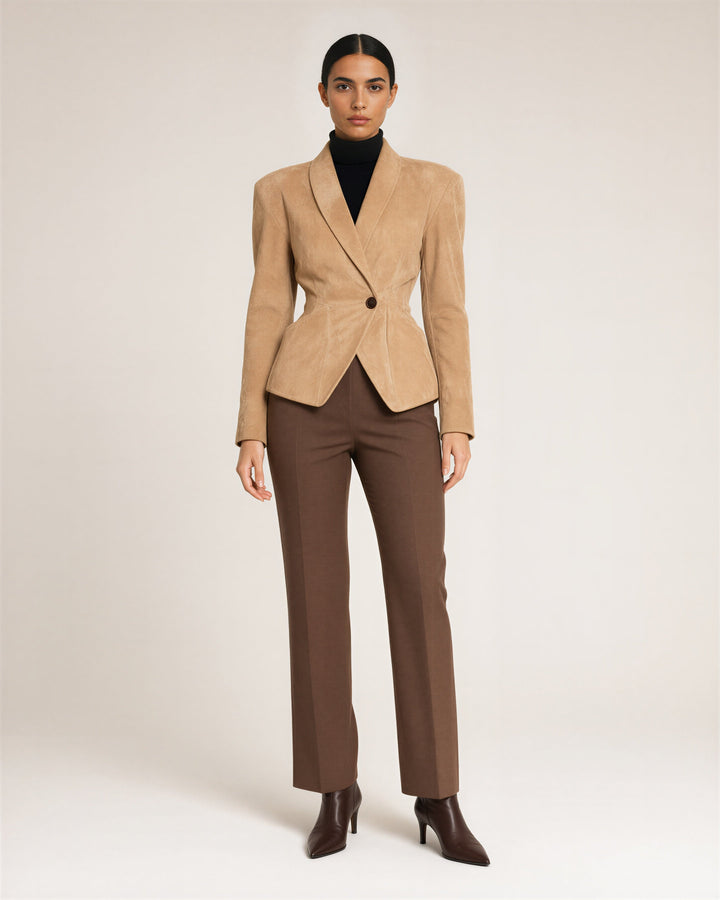 Cassia şal yaka vatkalı suni süet blazer, camel, önden boydan görünüm