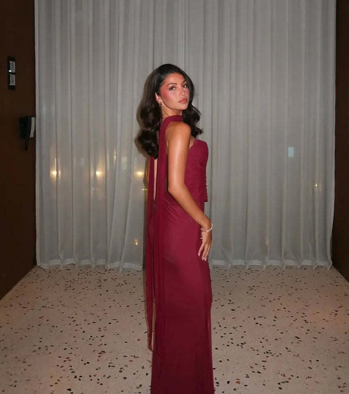 Aniyah Askısız Bodycon Maxi Elbise Bordo Tek Omuz Görsel 9 - SvelteChic