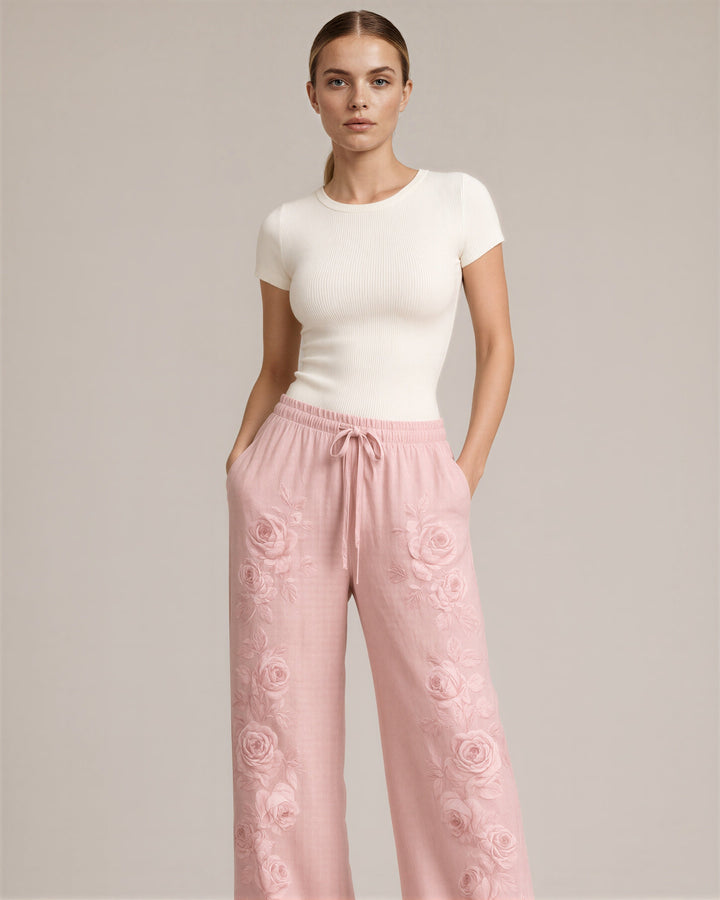 Corinna gül baskılı bağcıklı bol paça pantolon, pudra pembe, önden, eller cepte