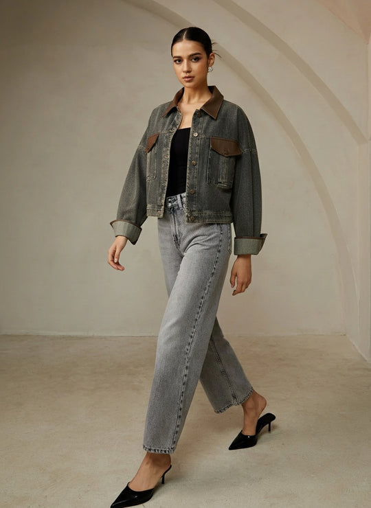 Vintage Kontrast Süslü Yaka Denim Ceket Koyu Kahverengi Uzun Kol Detay Görünüm - SvelteChic