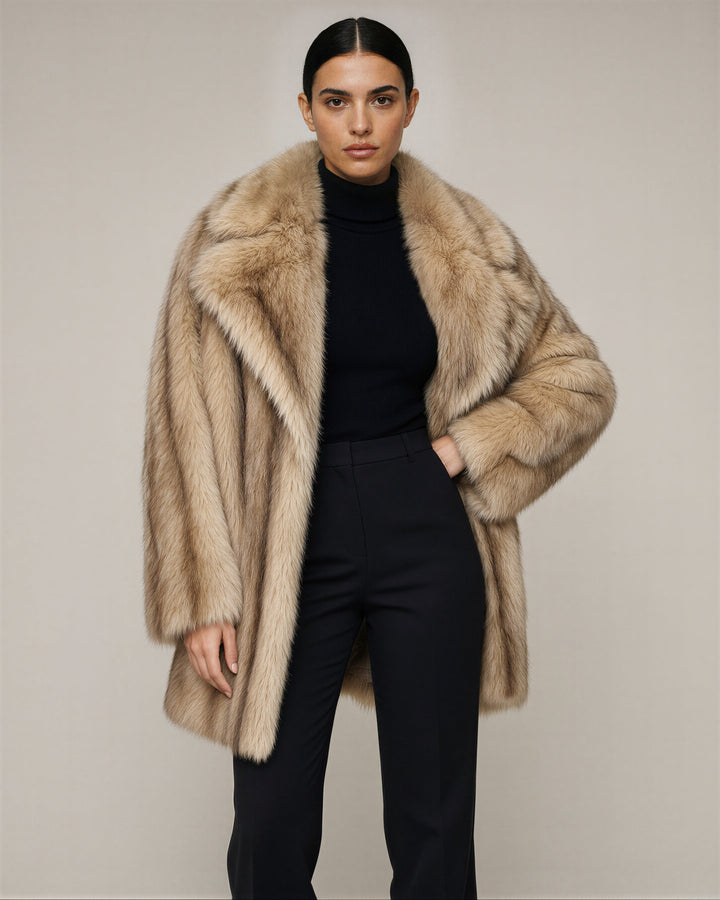 Drusilla geniş yakalı oversize suni kürk kaban, camel, önden, eller belde