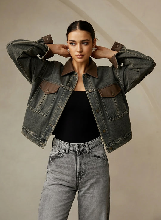 Vintage Kontrast Süslü Yaka Denim Ceket Koyu Kahverengi Uzun Kol - SvelteChic Kadın Giyim