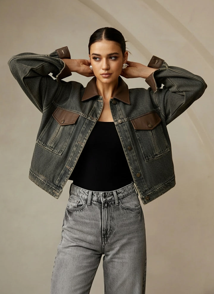 Vintage Kontrast Süslü Yaka Denim Ceket Koyu Kahverengi Uzun Kol - SvelteChic Kadın Giyim