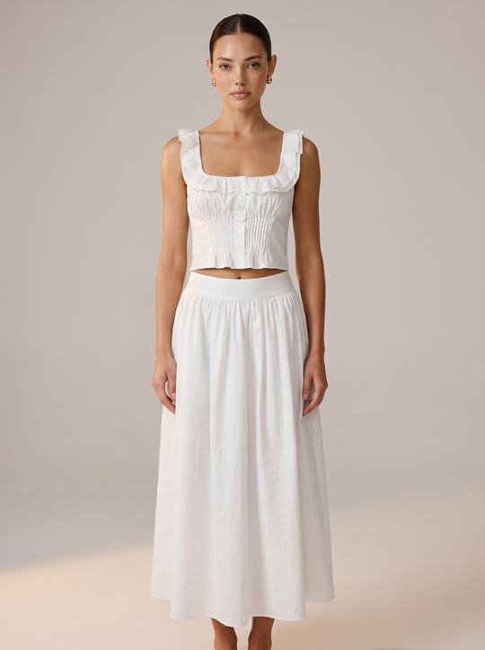 Square Yaka Volanlı Pin-Tuck Düğmeli Crop Top + Yüksek Bel A-Line Akışkan Pamuk Midi Etek Set - Beyaz ön