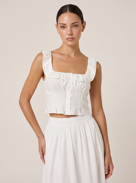 Square Yaka Volanlı Pin-Tuck Düğmeli Crop Top + Yüksek Bel A-Line Akışkan Pamuk Midi Etek Set - Beyaz ön yakın