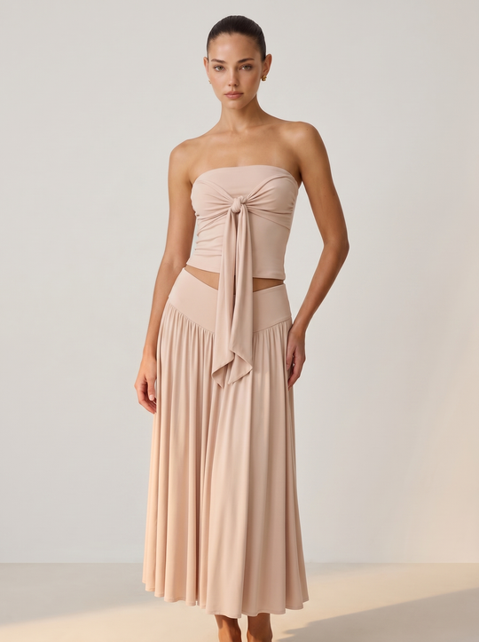 Strapless Knot Bağcıklı Tube Top + Yüksek Bel Curved Yoke Balletcore A-Line Midi Etek Set - Pudra Pembe ön
