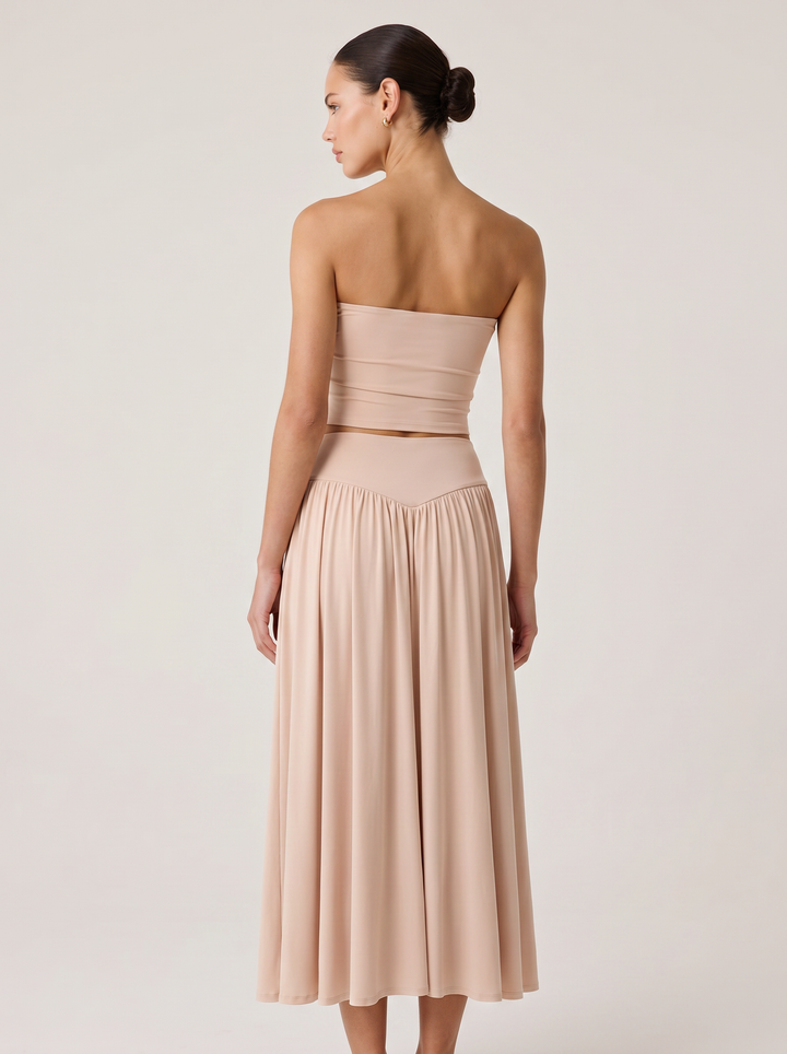 Strapless Knot Bağcıklı Tube Top + Yüksek Bel Curved Yoke Balletcore A-Line Midi Etek Set - Pudra Pembe arka