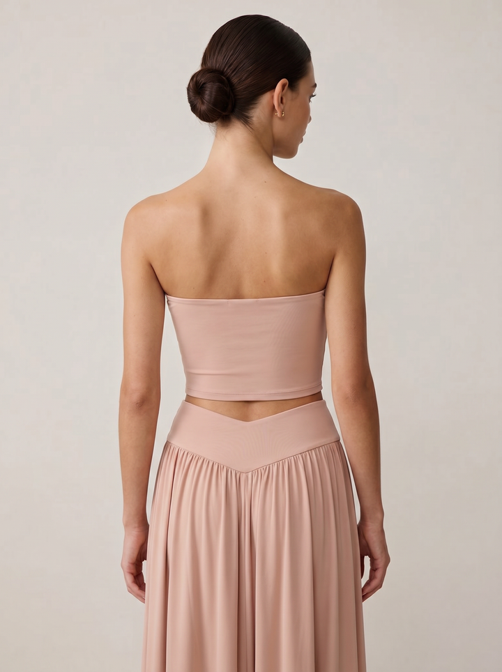 Strapless Knot Bağcıklı Tube Top + Yüksek Bel Curved Yoke Balletcore A-Line Midi Etek Set - Pudra Pembe arka yakın