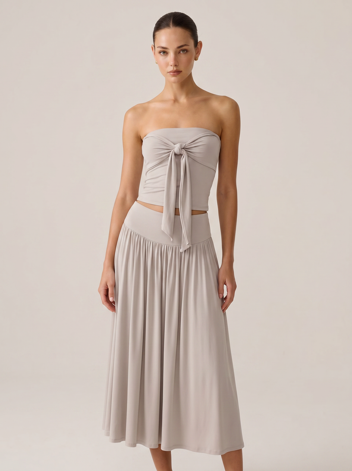Strapless Knot Bağcıklı Tube Top + Yüksek Bel Curved Yoke Balletcore A-Line Midi Etek Set - Açık Gri ön