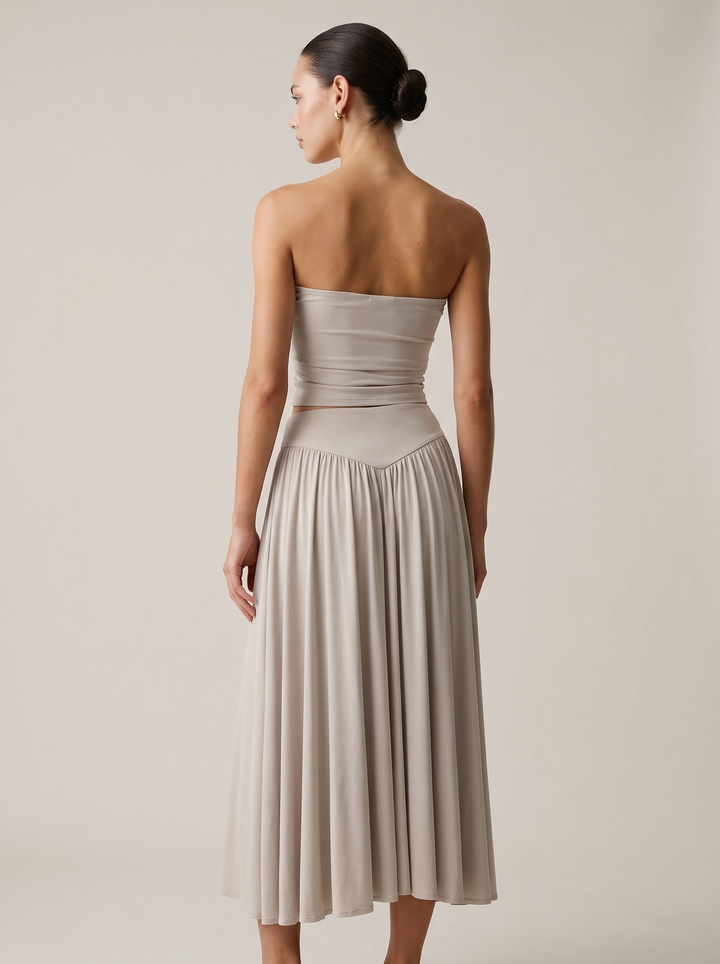 Strapless Knot Bağcıklı Tube Top + Yüksek Bel Curved Yoke Balletcore A-Line Midi Etek Set - Açık Gri arka