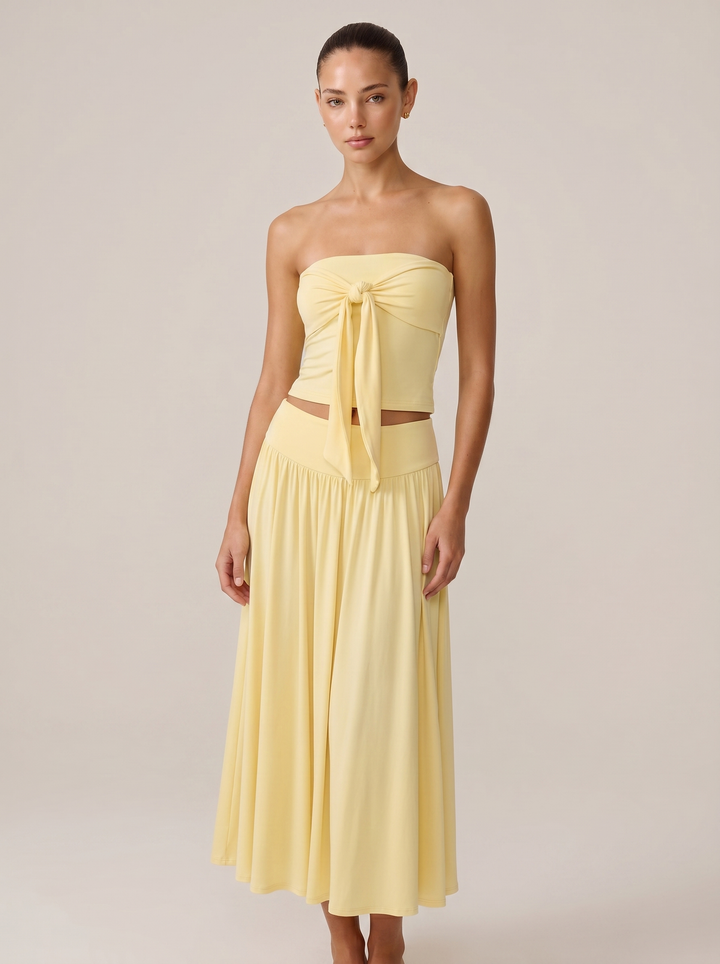 Strapless Knot Bağcıklı Tube Top + Yüksek Bel Curved Yoke Balletcore A-Line Midi Etek Set - Limon Sarısı ön