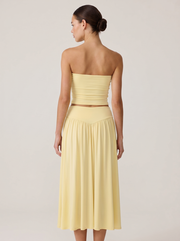 Strapless Knot Bağcıklı Tube Top + Yüksek Bel Curved Yoke Balletcore A-Line Midi Etek Set - Limon Sarısı arka