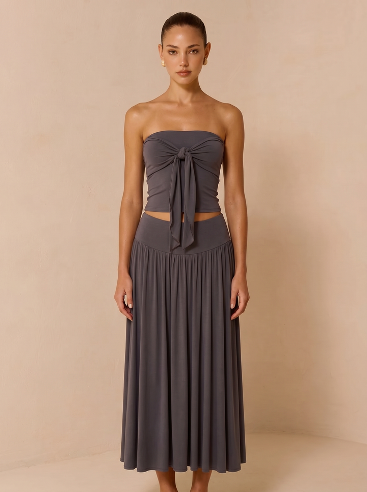 Strapless Knot Bağcıklı Tube Top + Yüksek Bel Curved Yoke Balletcore A-Line Midi Etek Set - Koyu Gri ön