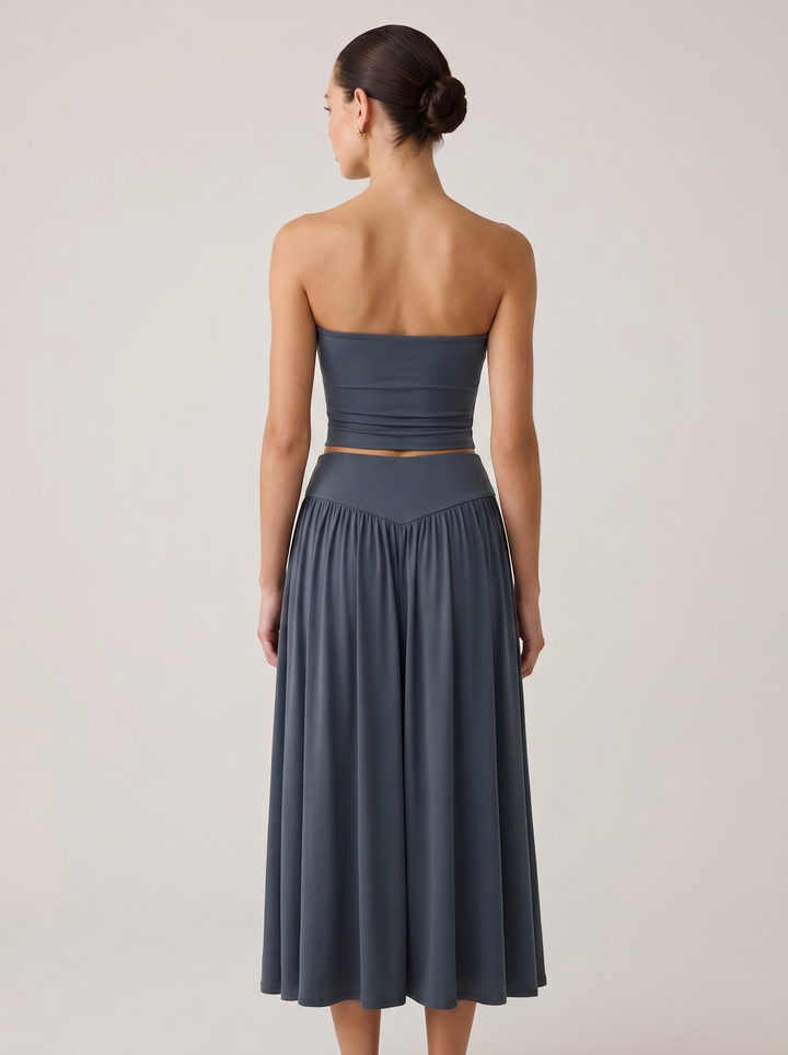 Strapless Knot Bağcıklı Tube Top + Yüksek Bel Curved Yoke Balletcore A-Line Midi Etek Set - Koyu Gri arka