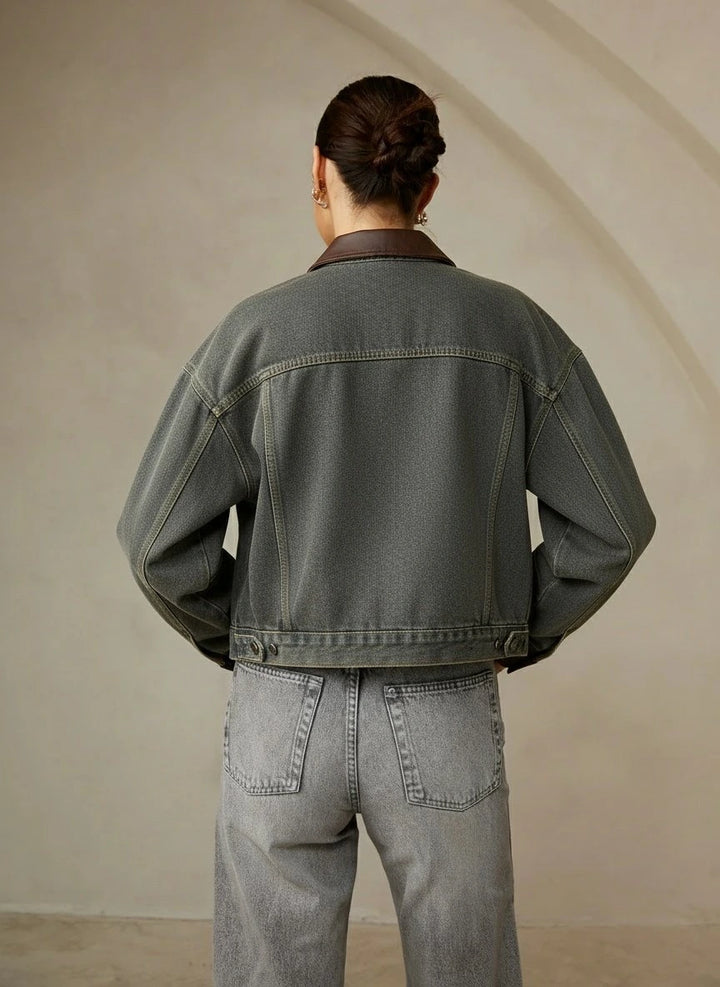 Vintage Kontrast Süslü Yaka Denim Ceket Koyu Kahverengi Uzun Kol Kombin - SvelteChic
