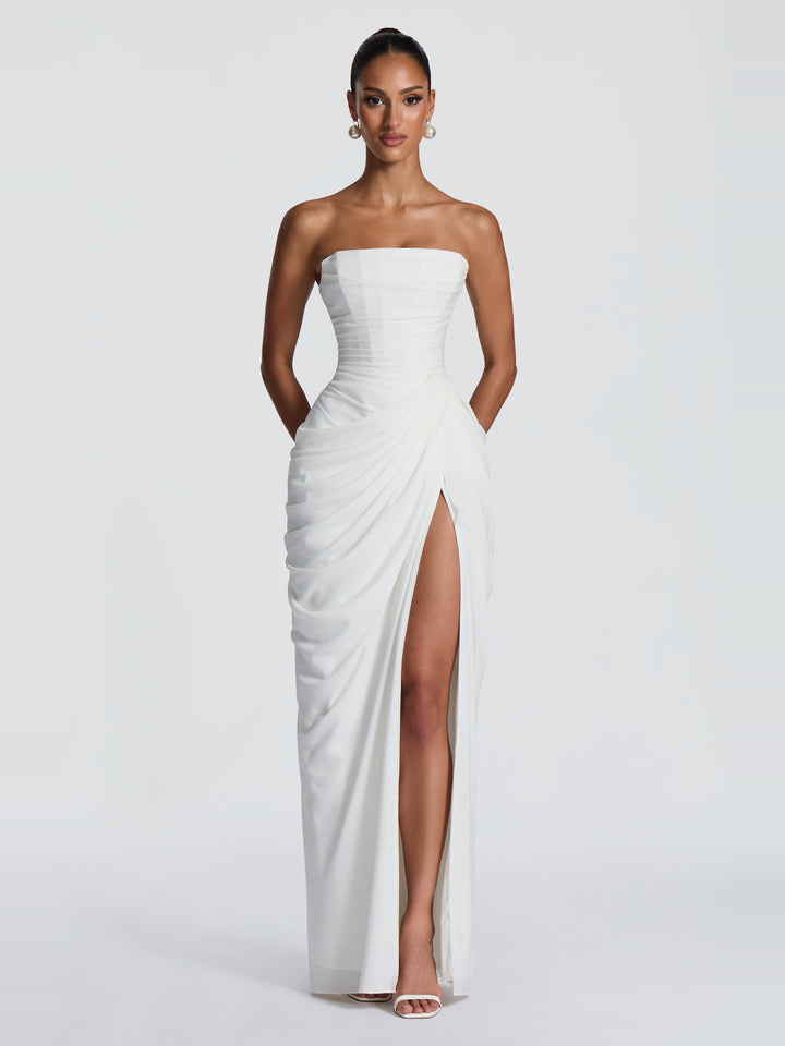 Cyra Straplez Korse Detaylı Maksi Abiye - Krem detay 4