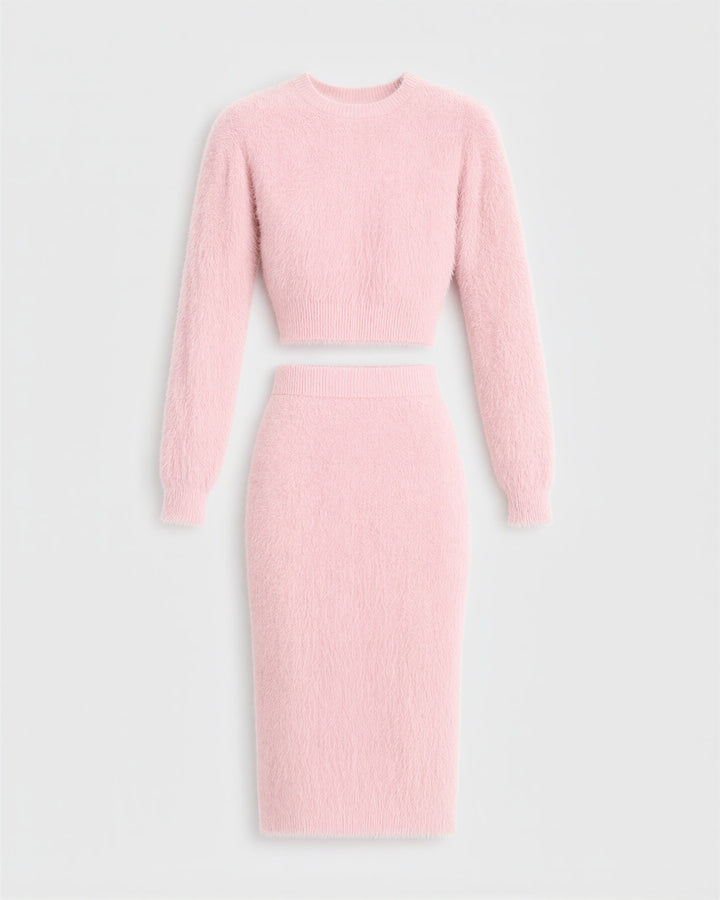 Lara peluş crop kazak ve kalem etek takımı, pembe, mankensiz ürün görünümü