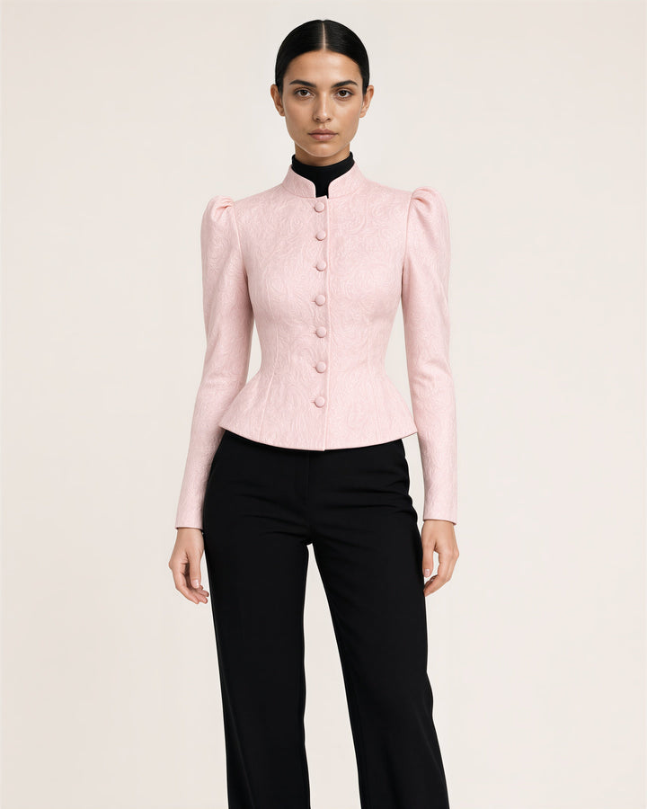 Letizia hakim yaka jakarlı peplum ceket, pudra pembe renk seçeneği