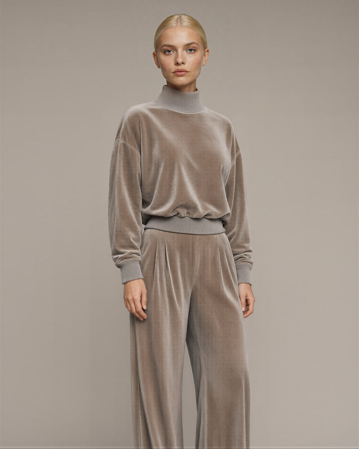 Maura kadife sweatshirt bol paça pantolon takımı, taş gri, üç çeyrek açıdan görünüm