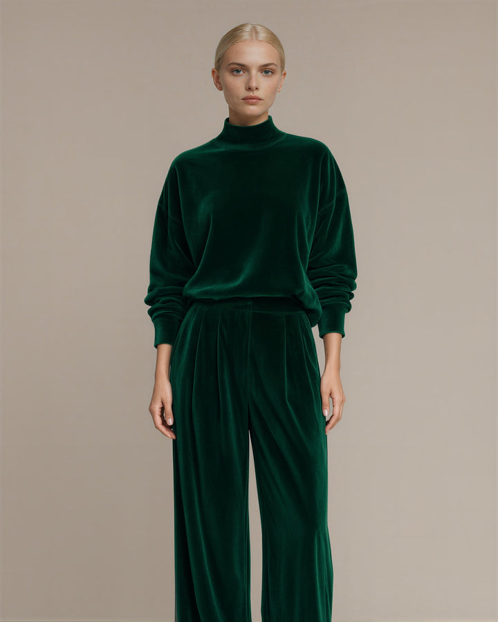 Maura kadife sweatshirt bol paça pantolon takımı, zümrüt yeşili renk seçeneği