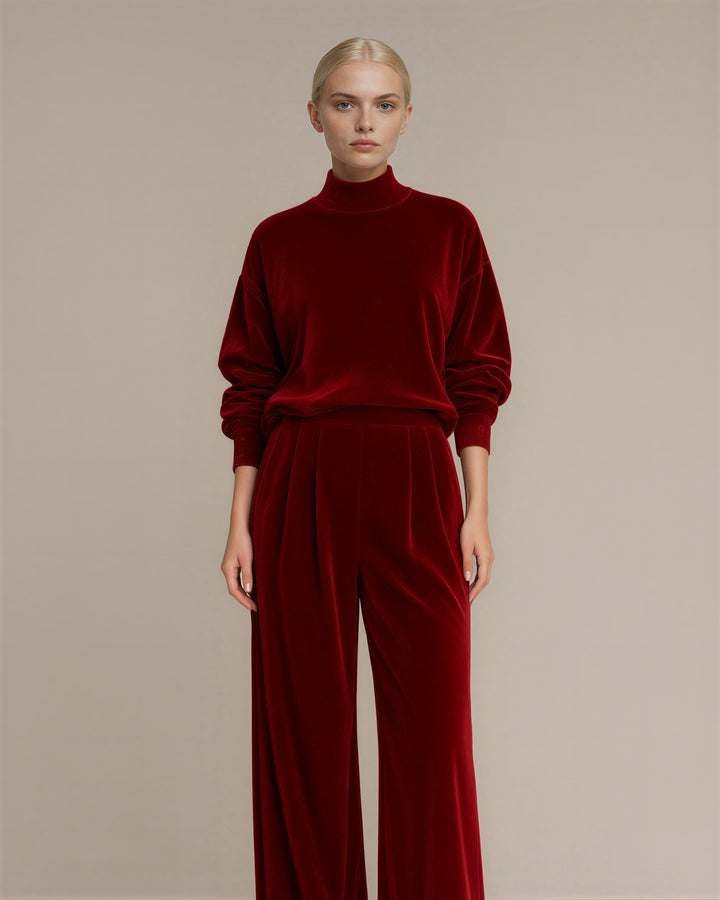 Maura kadife sweatshirt bol paça pantolon takımı, kırmızı renk seçeneği
