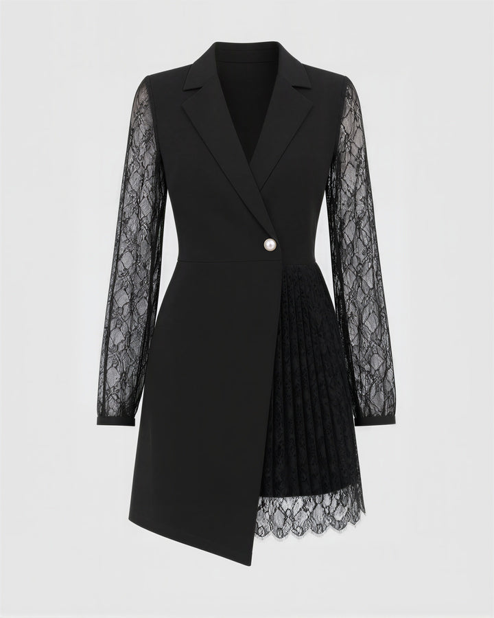 Ornella dantel kollu asimetrik blazer mini elbise, siyah, mankensiz ürün görünümü