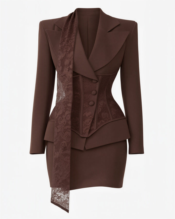 Ottavia dantel korseli blazer ve mini etek takımı, kahve, mankensiz ürün görünümü