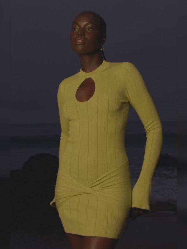 Aziza Uzun Kollu Örme Bodycon Mini Elbise - Fıstık Yeşili video 0-0