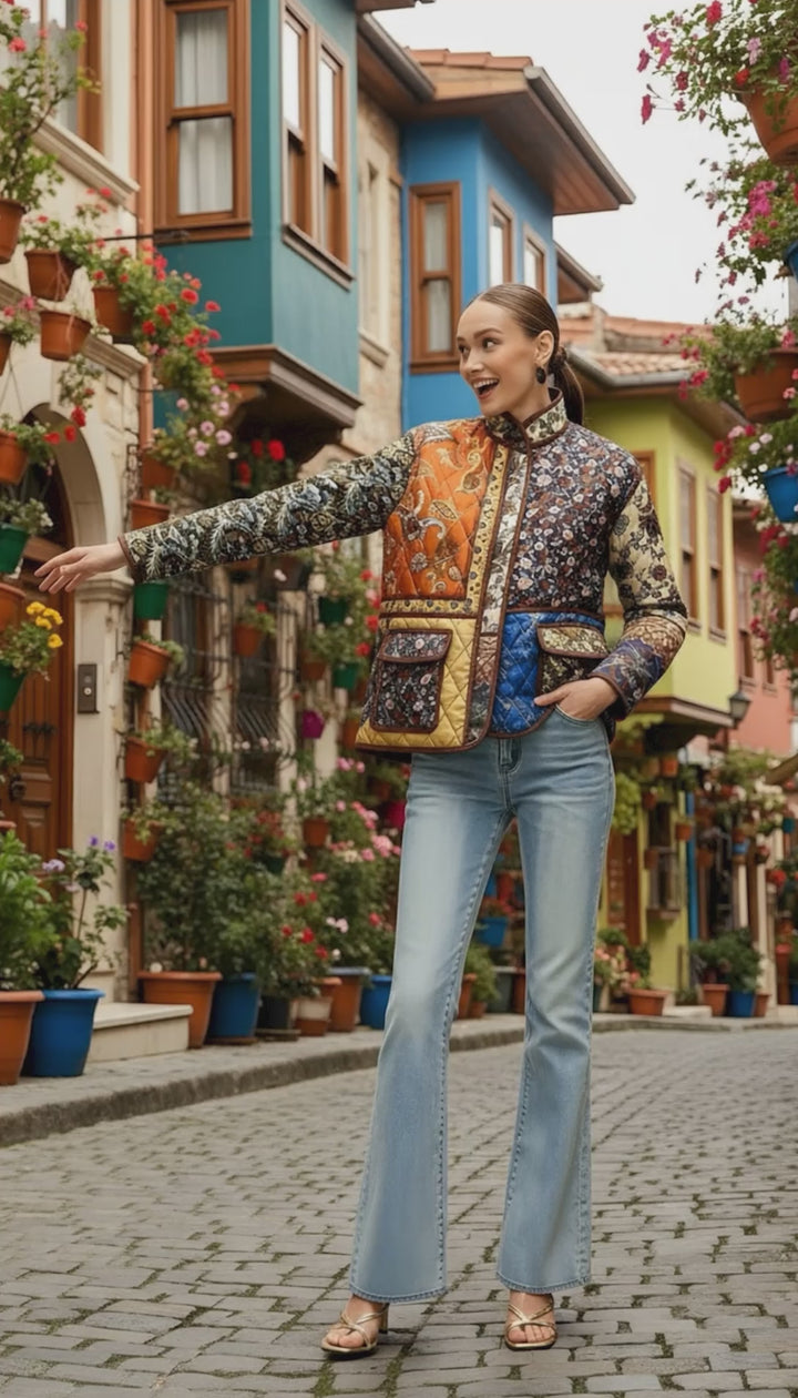 Patchwork Baskılı Uzun Kol Ceket Çok Renkli Oversize