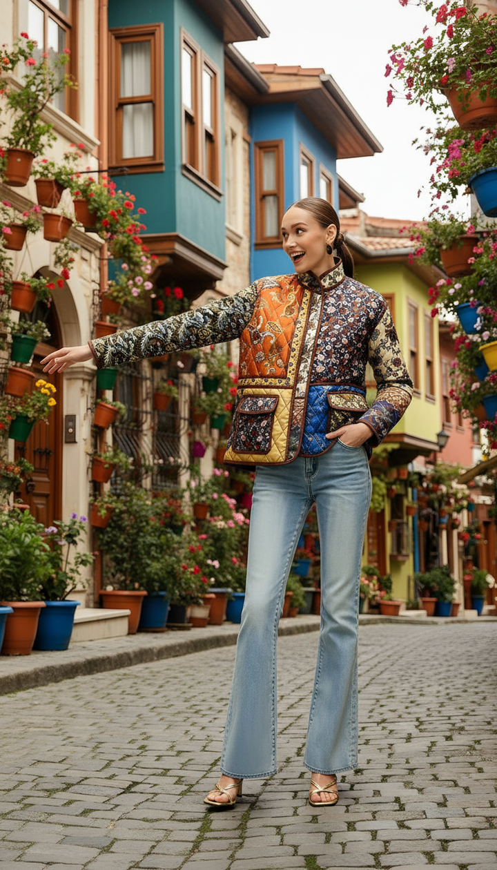 Patchwork Baskılı Uzun Kol Ceket Çok Renkli Oversize Görsel 7 - SvelteChic