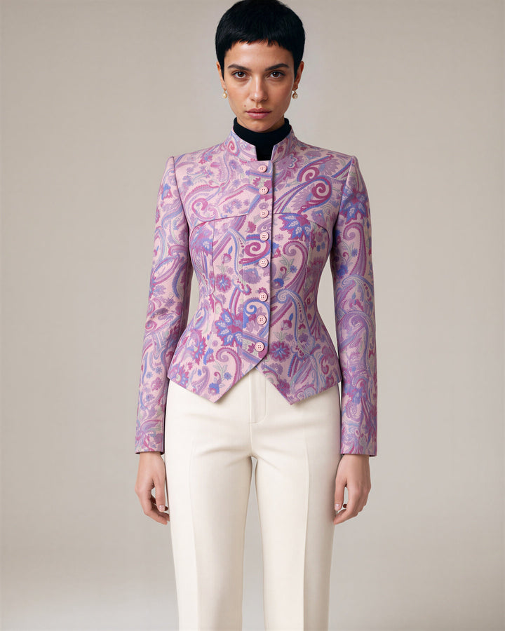 Rosetta şal desenli hakim yaka blazer, pudra pembe, üç çeyrek açıdan görünüm