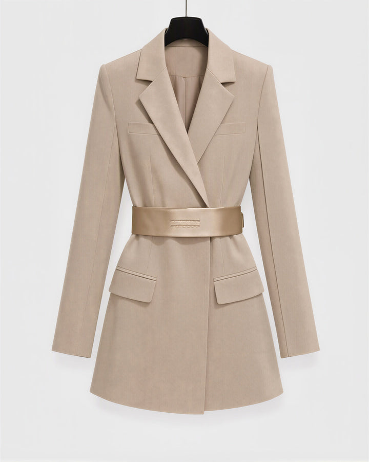 Serena saten kuşaklı blazer mini elbise, taş bej, mankensiz ürün görünümü