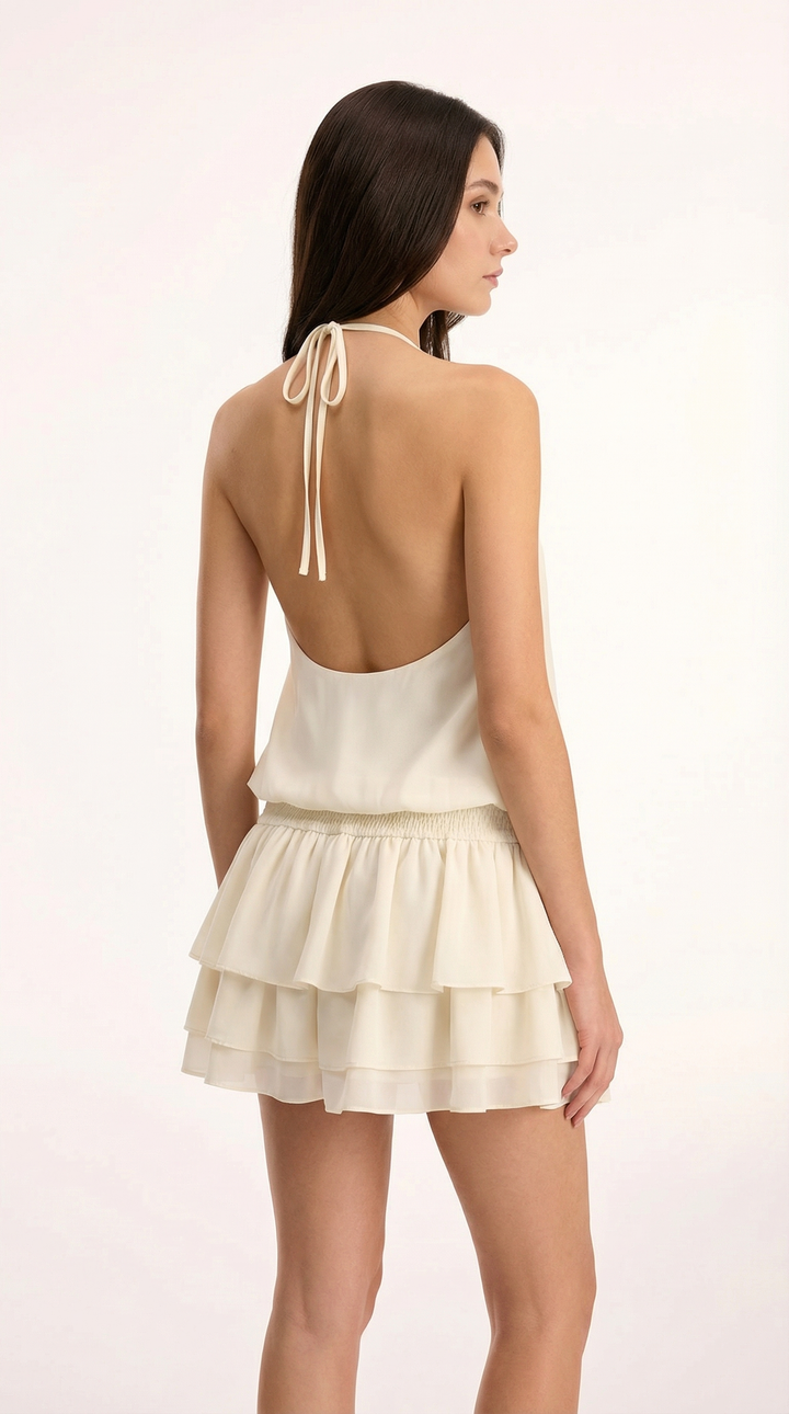 Halter Yaka Mini Elbise Siyah Şifon A Kesim Görsel 6 - SvelteChic