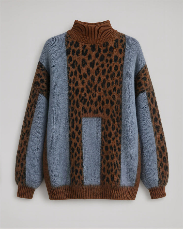Zelinda leopar desenli balıkçı yaka oversize kazak, kahve leopar, mankensiz ürün görünümü